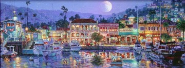 Landscapes Painting - Avalon Bay dockscape cityscape boats street shops